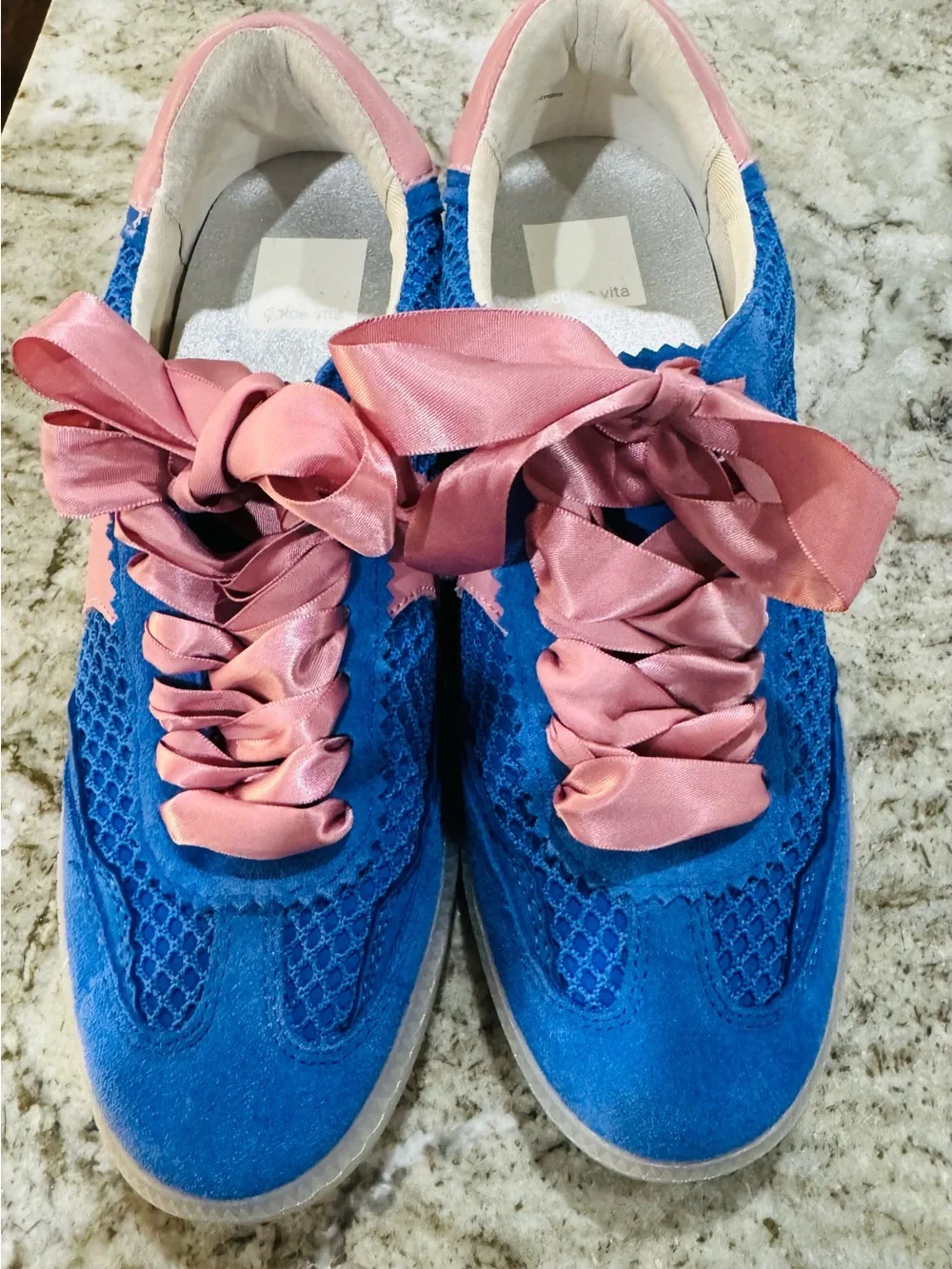 Dolce Vita Blue Suede Sneakers with Pink Satin Ribbon Laces